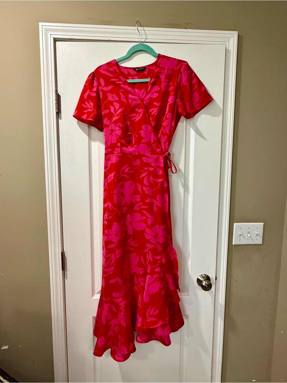 Red & Pink Floral Wrap Maxi Dress with Tie Waist